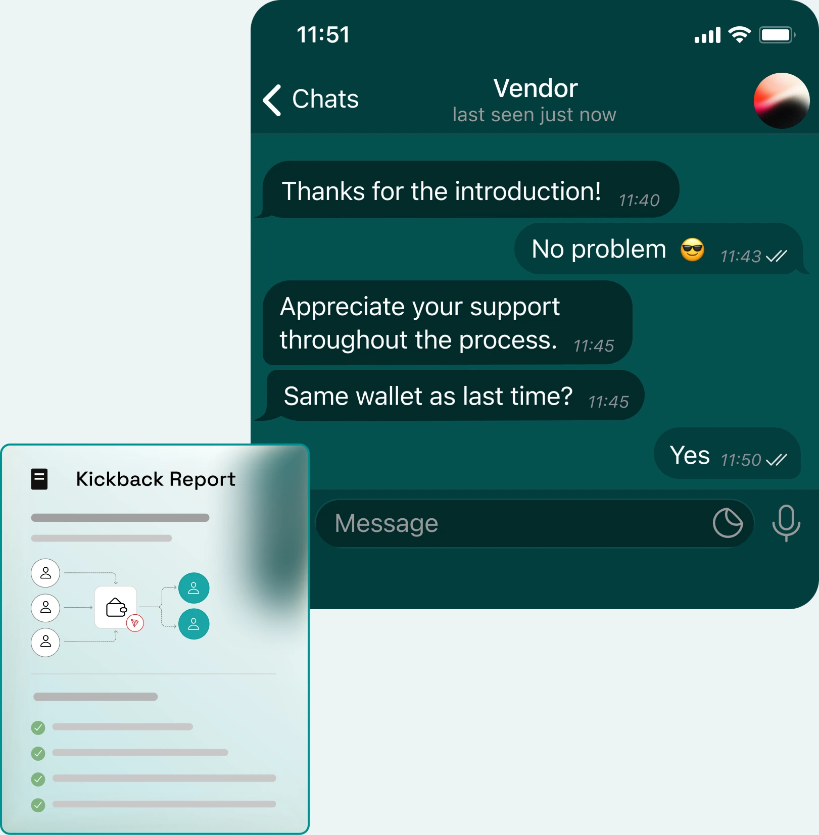 Fictional chat between a vendor and employee arranging a kickback, shown alongside a Klendus kickback trace report